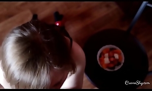 Nude cooking. Strawberry and cum.